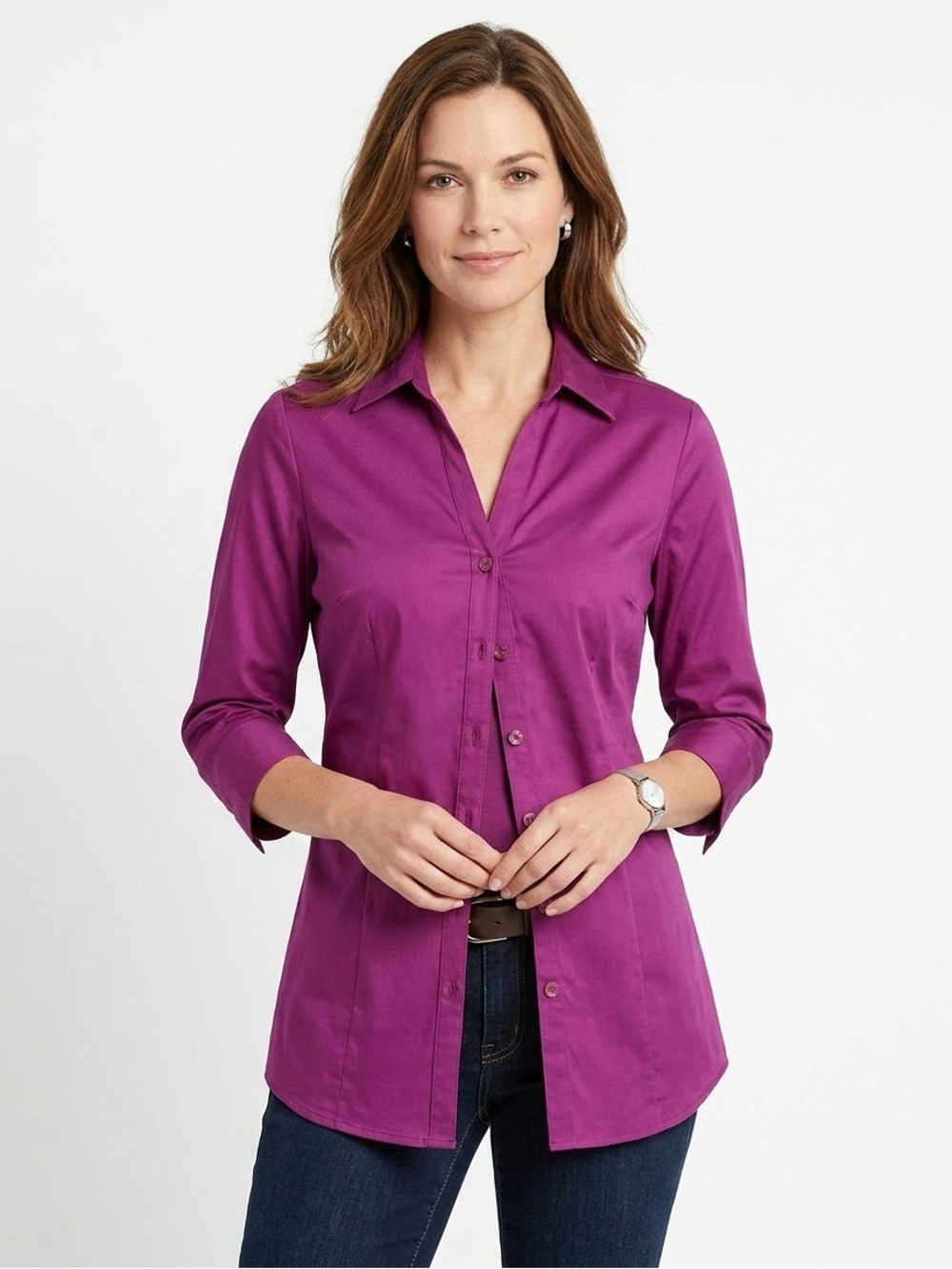 212 Collection Stretchy Button-Front Women's Shirt in Vivid Magenta